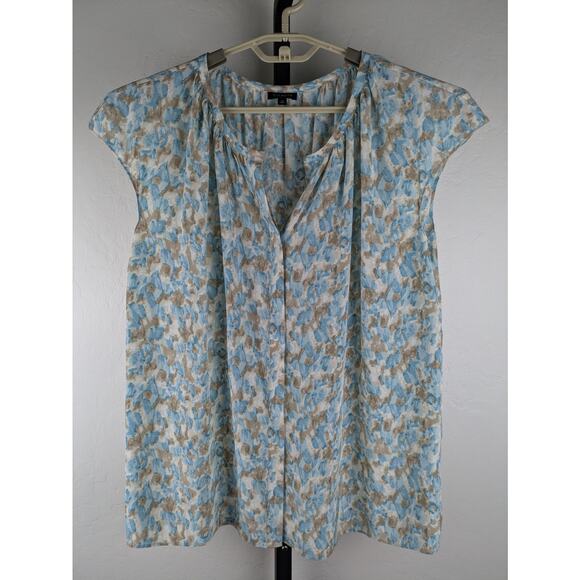 Talbots 100% Silk Short Sleeve Hidden Button Short Sleeve Blouse Blue Beige - Picture 1 of 7